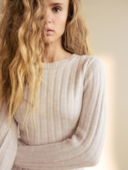 Ecru Cream Ribbed Fit And Flare Mini Knitted Jumper Dress With Wool - Image 5 of 7