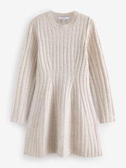Ecru Cream Ribbed Fit And Flare Mini Knitted Jumper Dress With Wool - Image 6 of 7