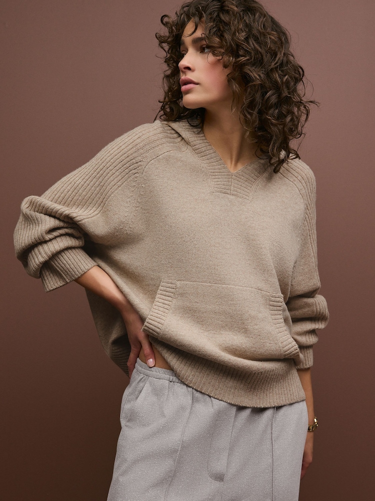 Neutral 100% Lambswool Knitted Hoodie Jumper - Image 1 of 7