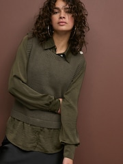 Khaki Green Gem Button Shirt Layer Jumper - Image 1 of 5