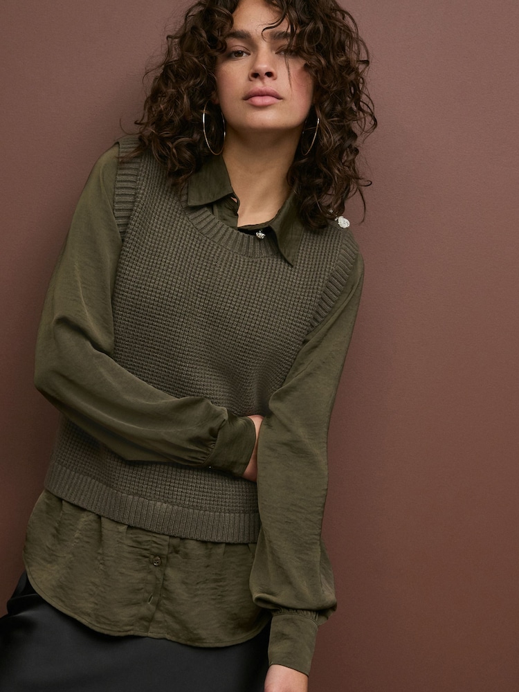 Khaki Green Gem Button Shirt Layer Jumper - Image 1 of 5
