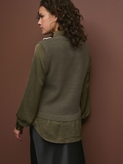 Khaki Green Gem Button Shirt Layer Jumper - Image 2 of 5