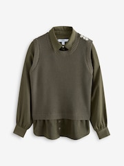 Khaki Green Gem Button Shirt Layer Jumper - Image 4 of 5