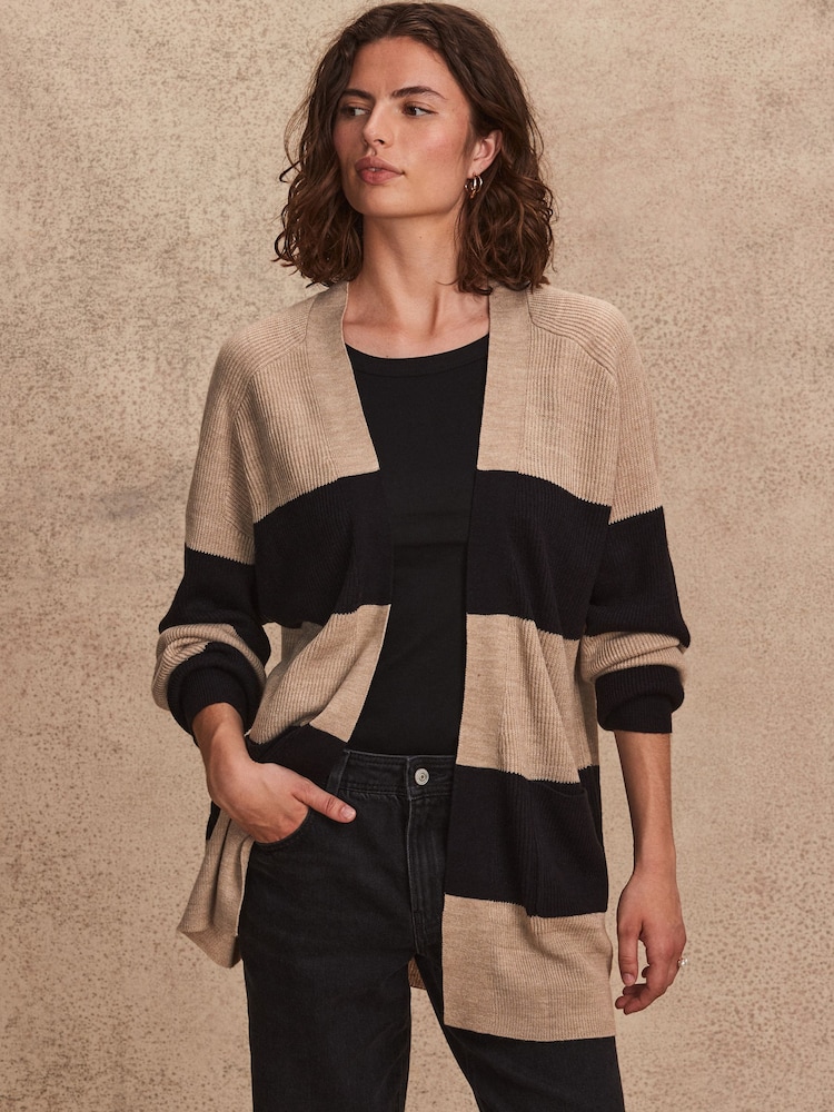 črna in Camel rjava črtast; progast - Soft Touch Cosy Knit Longline pletena jopa - Slika 2 iz 7