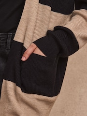 črna in Camel rjava črtast; progast - Soft Touch Cosy Knit Longline pletena jopa - Slika 5 iz 7