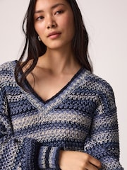 Chambray Blue Stripe Stitch Detail V-Neck Knitted Jumper - Image 1 of 7