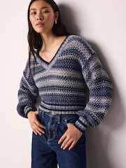 Chambray Blue Stripe Stitch Detail V-Neck Knitted Jumper - Image 2 of 7