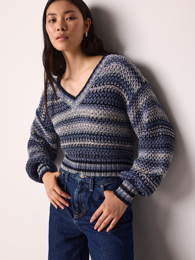 Chambray Blue Stripe Stitch Detail V-Neck Knitted Jumper - Image 2 of 7