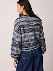 Chambray Blue Stripe Stitch Detail V-Neck Knitted Jumper - Image 3 of 7