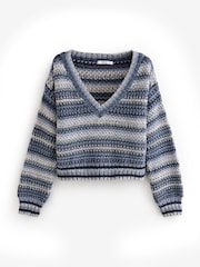 Chambray Blue Stripe Stitch Detail V-Neck Knitted Jumper - Image 5 of 7