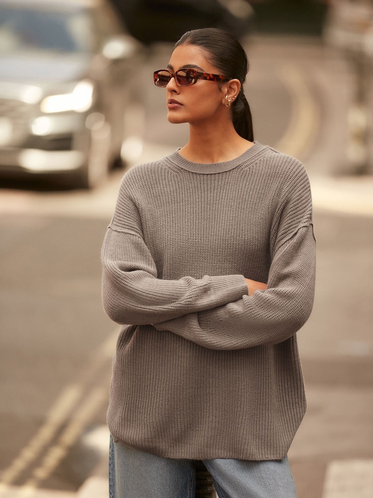 Mole Brown Cosy Crew Neck Longline Tunic Knitted Jumper - Image 1 of 7