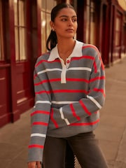 Grey Stripe Button Down Knitted Polo Jumper - Image 1 of 7