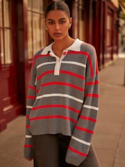 Grey Stripe Button Down Knitted Polo Jumper - Image 2 of 7