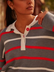 Grey Stripe Button Down Knitted Polo Jumper - Image 5 of 7