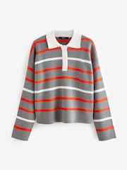 Grey Stripe Button Down Knitted Polo Jumper - Image 6 of 7