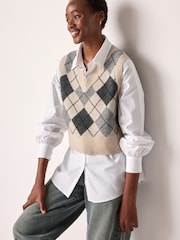 Neutral Argyle Check Shirt Layer 100% Cotton Knitted Jumper Vest Tank Top - Image 1 of 7