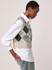 Neutral Argyle Check Shirt Layer 100% Cotton Knitted Jumper Vest Tank Top - Image 3 of 7