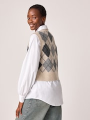Neutral Argyle Check Shirt Layer 100% Cotton Knitted Jumper Vest Tank Top - Image 4 of 7