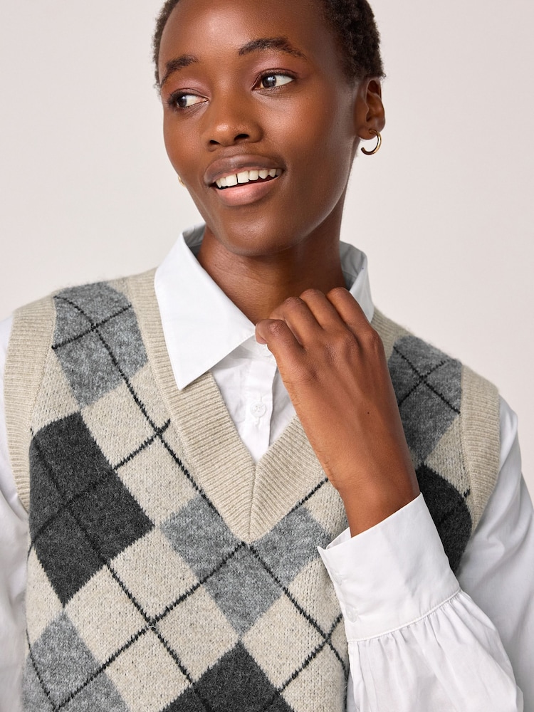 Neutral Argyle Check Shirt Layer 100% Cotton Knitted Jumper Vest Tank Top - Image 5 of 7