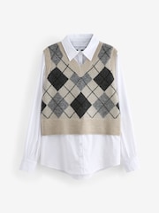 Neutral Argyle Check Shirt Layer 100% Cotton Knitted Jumper Vest Tank Top - Image 6 of 7