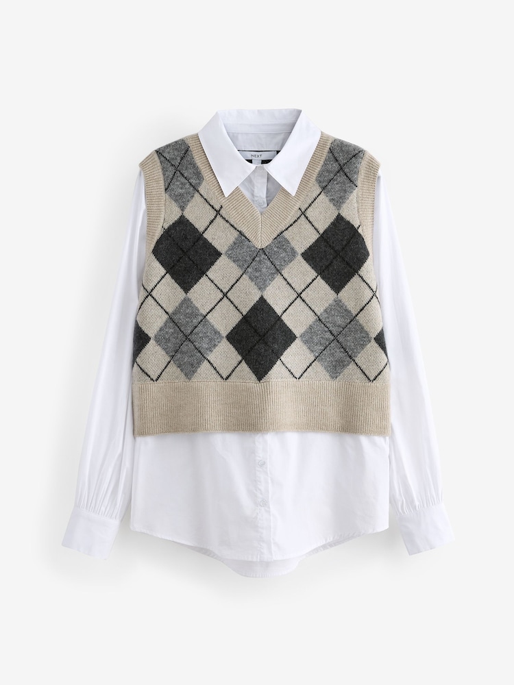 Neutral Argyle Check Shirt Layer 100% Cotton Knitted Jumper Vest Tank Top - Image 6 of 7