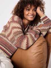 Rust Brown Stripe Stitch Detail V-Neck Knitted Jumper - Image 1 of 7