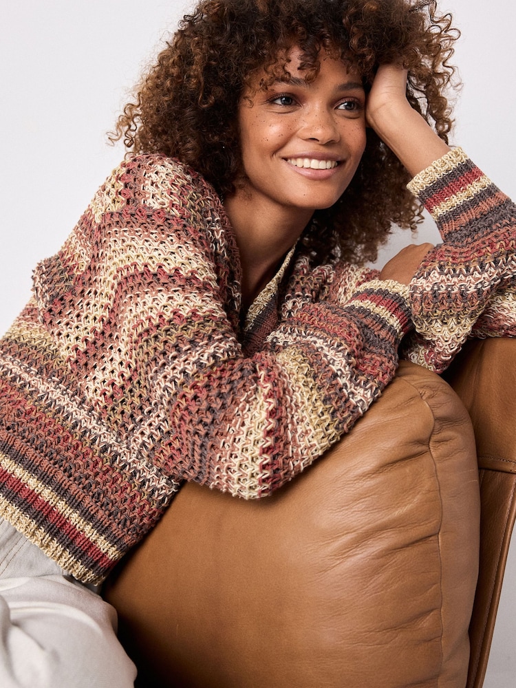 Rust Brown Stripe Stitch Detail V-Neck Knitted Jumper - Image 1 of 7