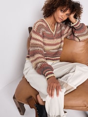Rust Brown Stripe Stitch Detail V-Neck Knitted Jumper - Image 2 of 7