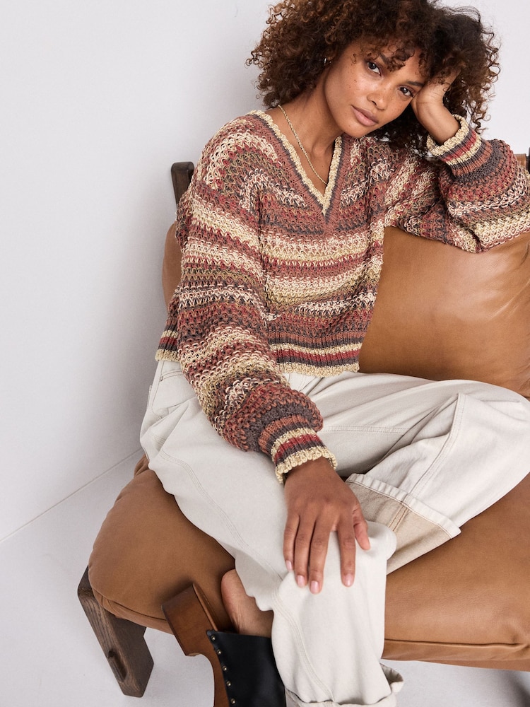 Rust Brown Stripe Stitch Detail V-Neck Knitted Jumper - Image 2 of 7