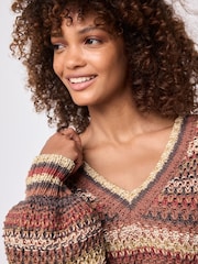 Rust Brown Stripe Stitch Detail V-Neck Knitted Jumper - Image 4 of 7