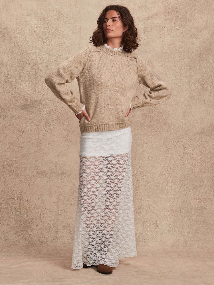 Camel Brown Ruffle Neck Knitted 100% Cotton Jumper - Image 2 of 8