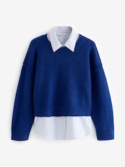 Cobalt Blue 2-in-1 Smart Shirt Layer Knitted 100% Cotton Jumper - Image 5 of 6