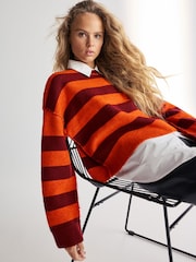 Orange Stripe 2-in-1 Smart Shirt Layer Knitted 100% Cotton Jumper - Image 1 of 2