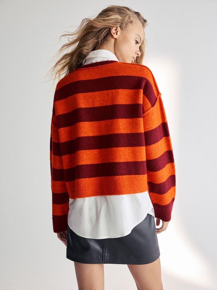 Orange Stripe 2-in-1 Smart Shirt Layer Knitted 100% Cotton Jumper - Image 2 of 2