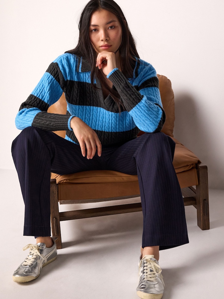 Blue Stripe Polo V-Neck Collared Cable Knit Jumper - Image 1 of 7