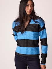 Blue Stripe Polo V-Neck Collared Cable Knit Jumper - Image 2 of 7