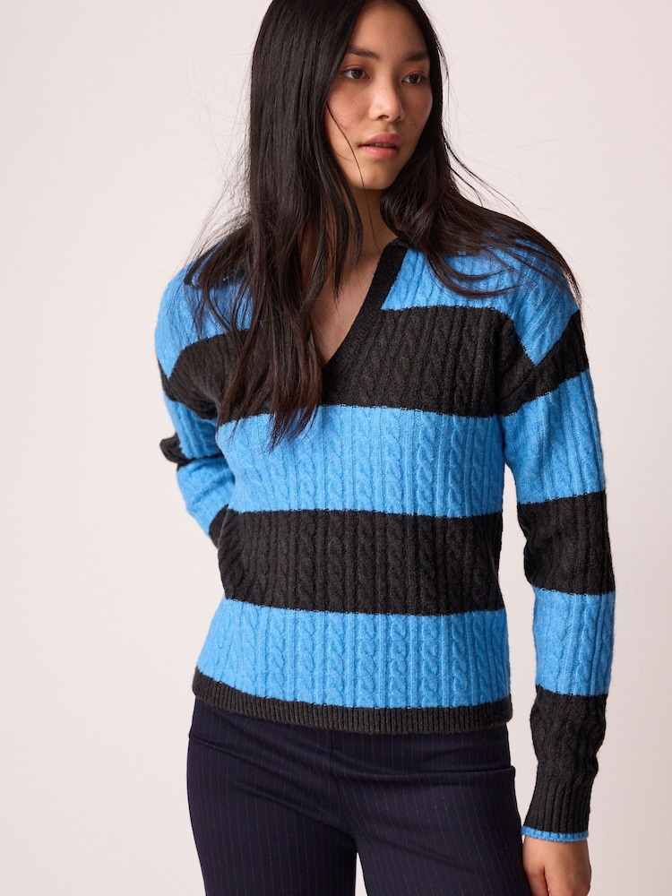 Blue Stripe Polo V-Neck Collared Cable Knit Jumper - Image 2 of 7