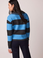 Blue Stripe Polo V-Neck Collared Cable Knit Jumper - Image 3 of 7