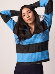 Blue Stripe Polo V-Neck Collared Cable Knit Jumper - Image 4 of 7