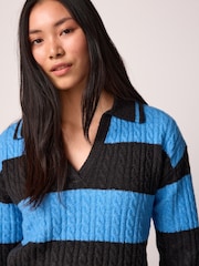 Blue Stripe Polo V-Neck Collared Cable Knit Jumper - Image 5 of 7