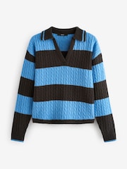 Blue Stripe Polo V-Neck Collared Cable Knit Jumper - Image 6 of 7