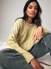 Washed Yellow Cable Off the Shoulder 100% Cotton Jumper - Image 1 of 6