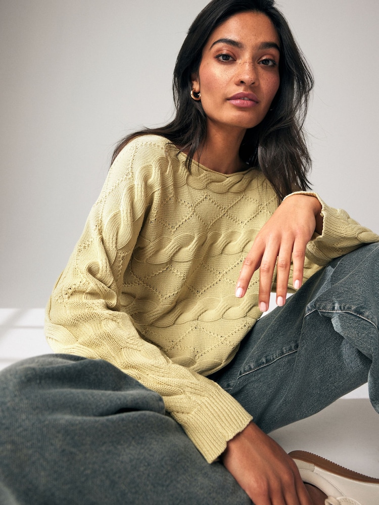 Washed Yellow Cable Off the Shoulder 100% Cotton Jumper - Image 1 of 6