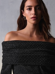 Grey Charcoal Bardot Off The Shoulder Embellished Sparkle Knitted Jumper - Image 5 of 7