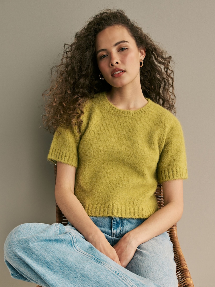 Lime Green Short Sleeve Crew Neck Jumper With Wool - Image 1 of 5 Lime Green Short Sleeve Crew Neck Jumper With Wool - Image 1 of 5