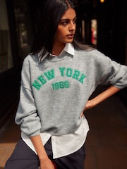 Grey New York Sloagn Graphic 2-in-1 Smart Shirt Layer Knitted 100% Cotton Jumper - Image 1 of 6