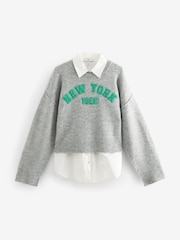 Grey New York Sloagn Graphic 2-in-1 Smart Shirt Layer Knitted 100% Cotton Jumper - Image 5 of 6