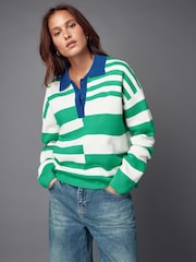 Green and White Stripe Button Down Knitted Polo Jumper - Image 1 of 6