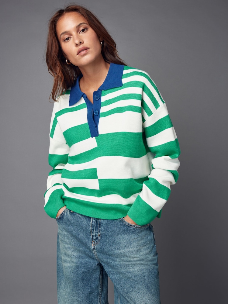Green and White Stripe Button Down Knitted Polo Jumper - Image 1 of 6