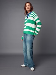 Green and White Stripe Button Down Knitted Polo Jumper - Image 2 of 6